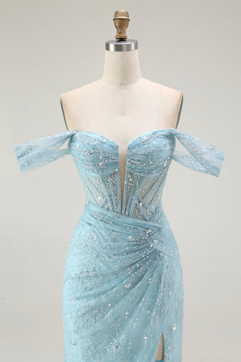 Sparkly Blue Mermaid Off the Shoulder Long Corset Prom Dress with Slit
