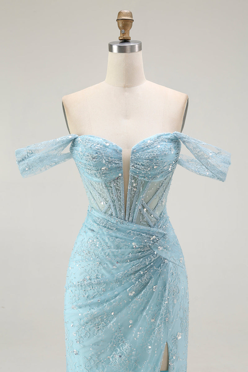 Load image into Gallery viewer, Sparkly Blue Mermaid Off the Shoulder Long Corset Prom Dress with Slit