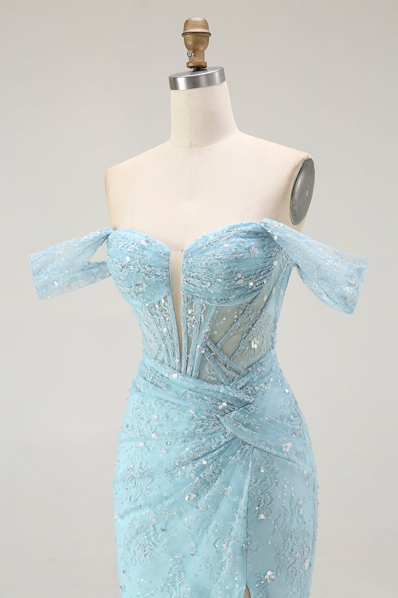Load image into Gallery viewer, Sparkly Blue Mermaid Off the Shoulder Long Corset Prom Dress with Slit