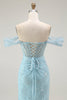 Load image into Gallery viewer, Sparkly Blue Mermaid Off the Shoulder Long Corset Prom Dress with Slit
