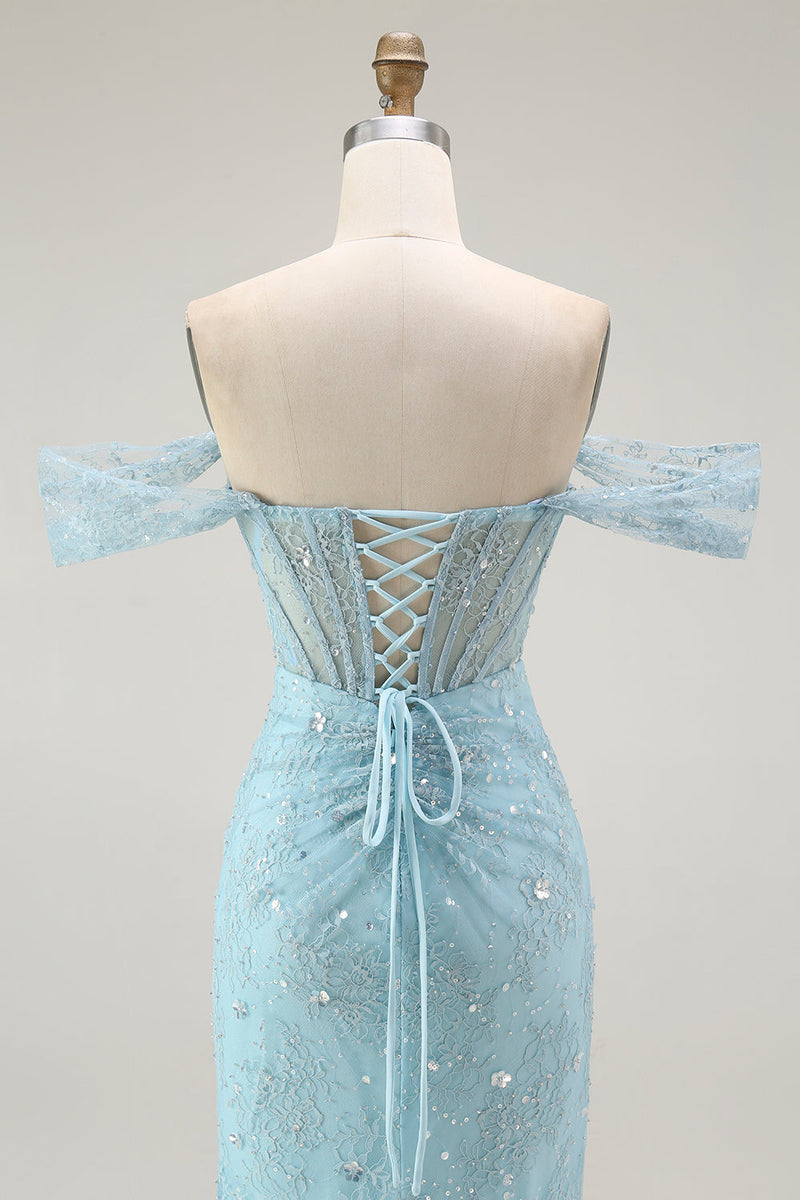 Load image into Gallery viewer, Sparkly Blue Mermaid Off the Shoulder Long Corset Prom Dress with Slit
