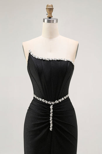 Sparkly Black Corset Strapless Mermaid Long Prom Dress