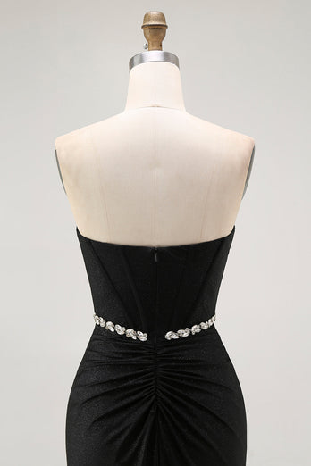 Sparkly Black Corset Strapless Mermaid Long Prom Dress