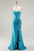 Load image into Gallery viewer, Sparkly Blue Mermaid Satin Long Corset Prom Dress with Ruffles