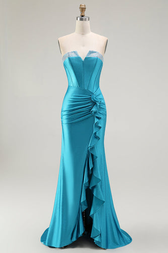 Sparkly Blue Mermaid Satin Long Corset Prom Dress with Ruffles