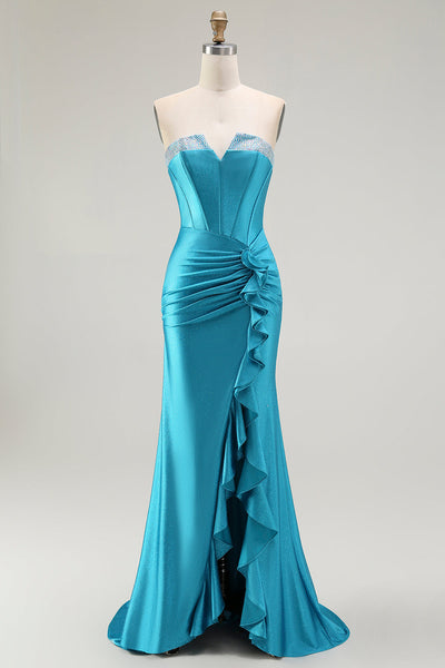 Sparkly Blue Mermaid Satin Long Corset Prom Dress with Ruffles