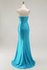 Load image into Gallery viewer, Sparkly Blue Mermaid Satin Long Corset Prom Dress with Ruffles