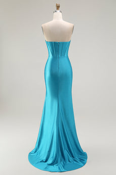 Sparkly Blue Mermaid Satin Long Corset Prom Dress with Ruffles