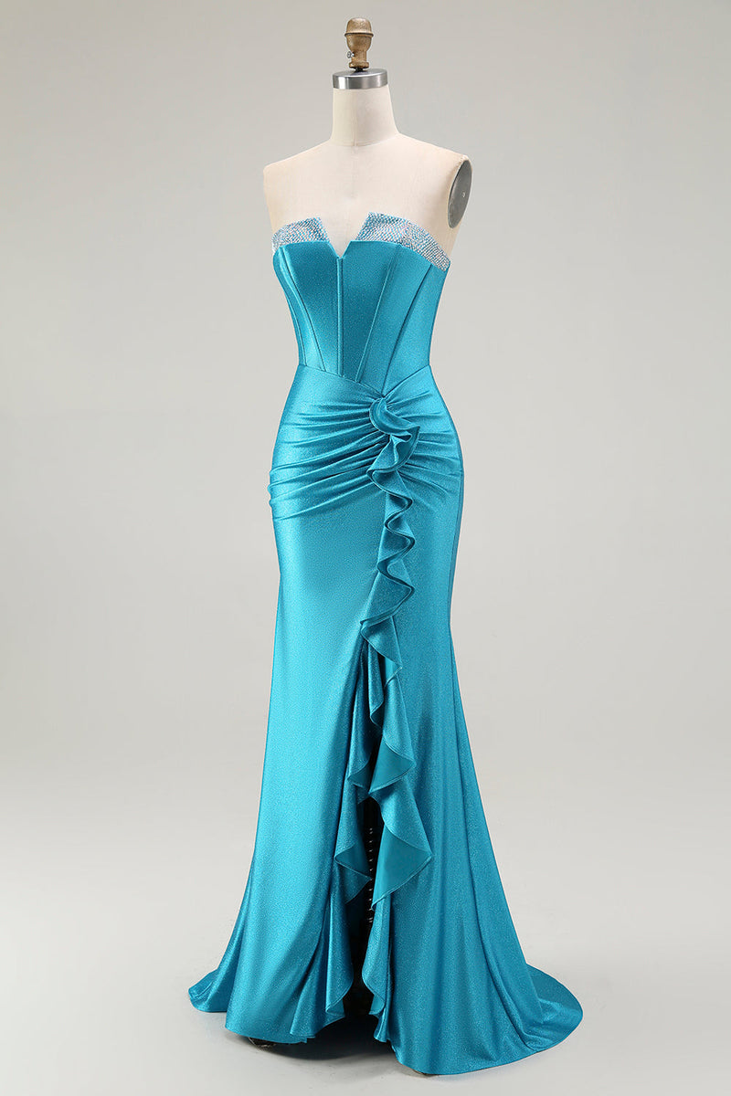 Load image into Gallery viewer, Sparkly Blue Mermaid Satin Long Corset Prom Dress with Ruffles