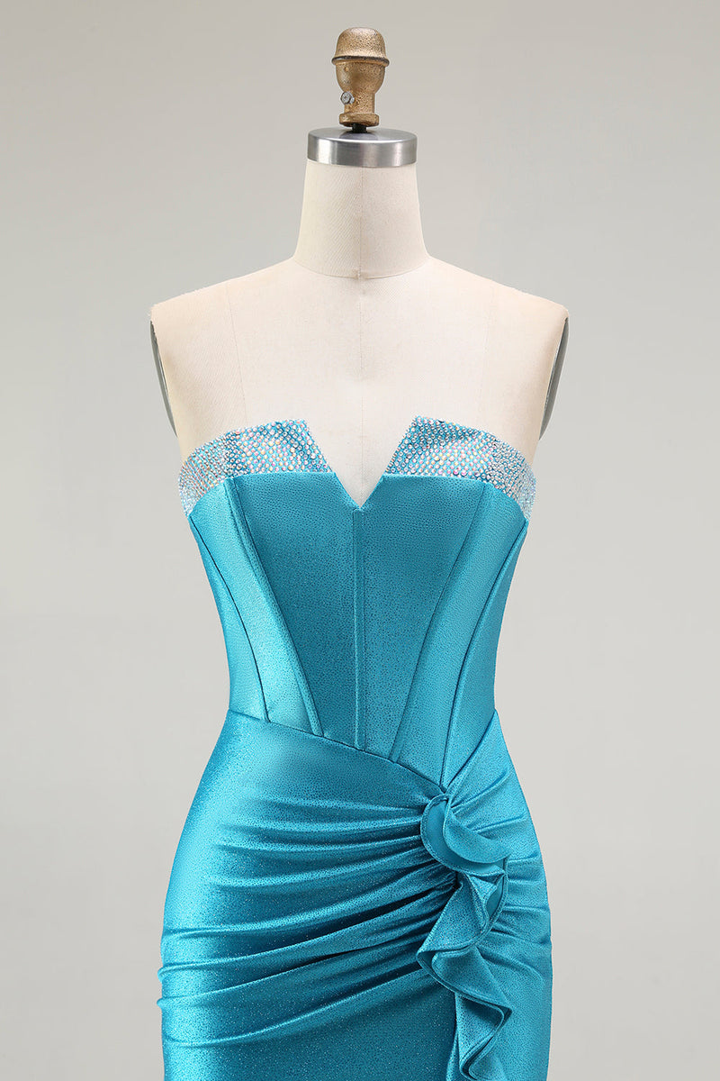 Load image into Gallery viewer, Sparkly Blue Mermaid Satin Long Corset Prom Dress with Ruffles
