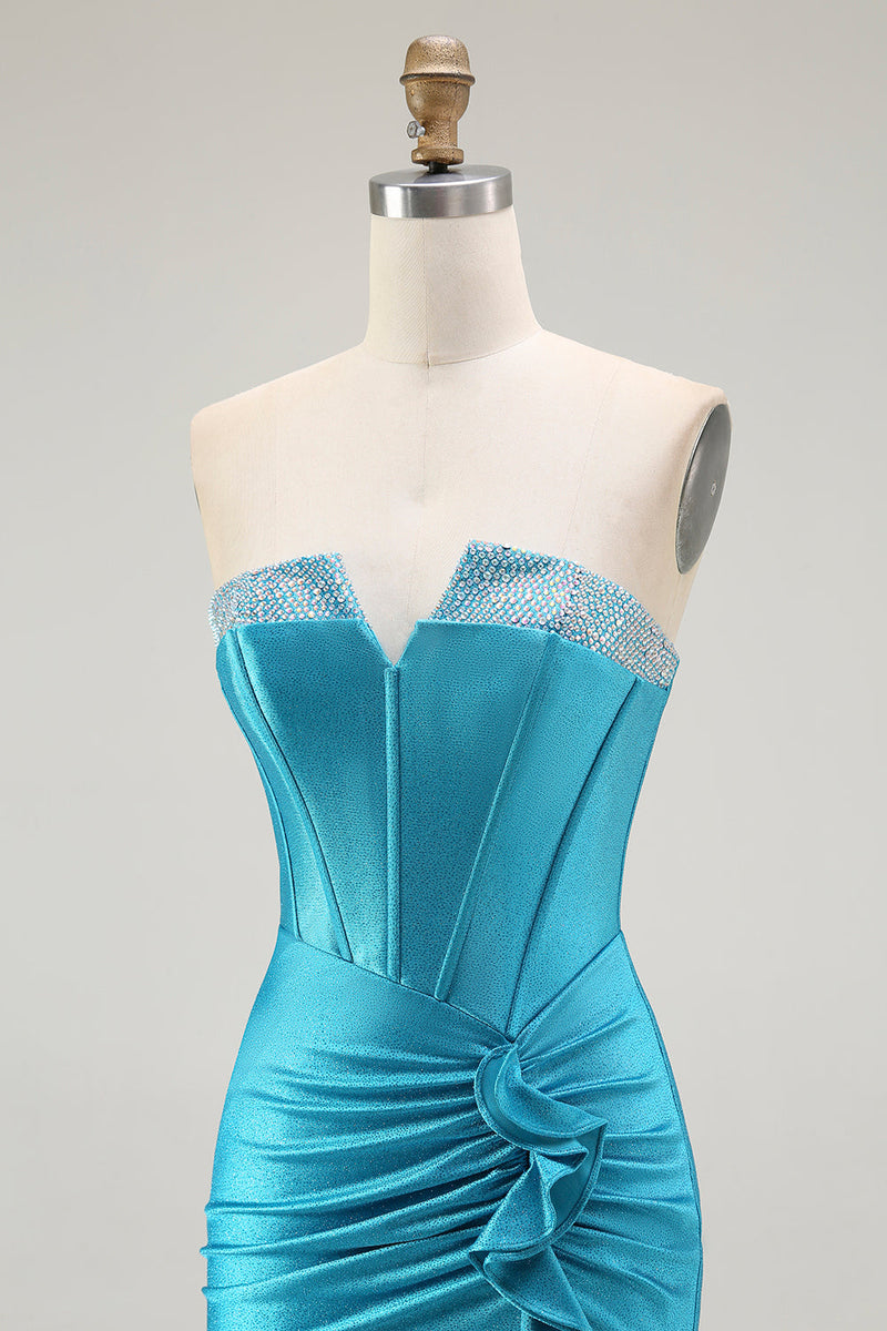 Load image into Gallery viewer, Sparkly Blue Mermaid Satin Long Corset Prom Dress with Ruffles