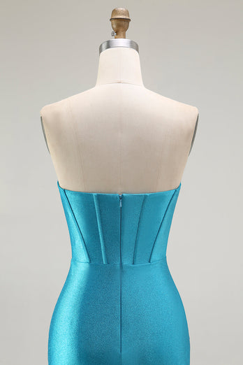 Sparkly Blue Mermaid Satin Long Corset Prom Dress with Ruffles