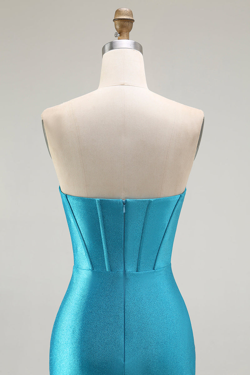 Load image into Gallery viewer, Sparkly Blue Mermaid Satin Long Corset Prom Dress with Ruffles