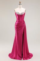 Load image into Gallery viewer, Sparkly Fuchsia Strapless Mermaid Ruched Long Corset Prom Dress