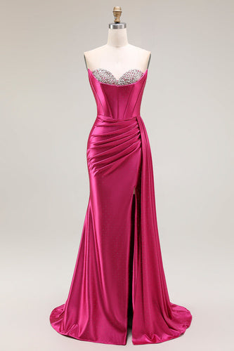 Sparkly Fuchsia Strapless Mermaid Ruched Long Corset Prom Dress