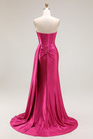 Load image into Gallery viewer, Sparkly Fuchsia Strapless Mermaid Ruched Long Corset Prom Dress