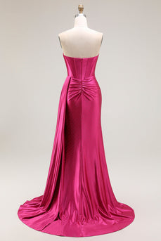 Sparkly Fuchsia Strapless Mermaid Ruched Long Corset Prom Dress