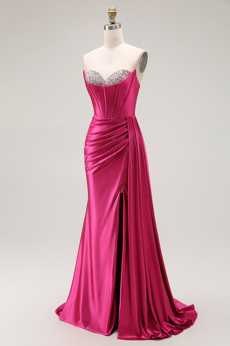 Load image into Gallery viewer, Sparkly Fuchsia Strapless Mermaid Ruched Long Corset Prom Dress