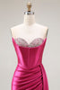 Load image into Gallery viewer, Sparkly Fuchsia Strapless Mermaid Ruched Long Corset Prom Dress