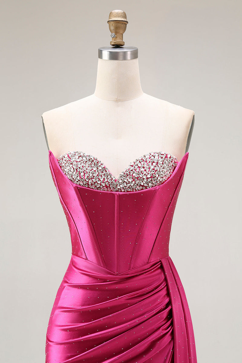Load image into Gallery viewer, Sparkly Fuchsia Strapless Mermaid Ruched Long Corset Prom Dress