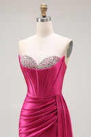 Load image into Gallery viewer, Sparkly Fuchsia Strapless Mermaid Ruched Long Corset Prom Dress