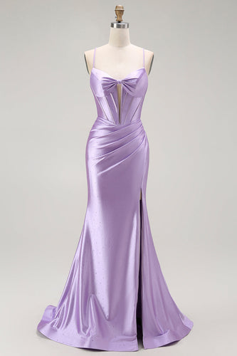Sparkly Purple Mermaid Spaghetti Straps Long Corset Prom Dress with Slit