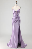 Load image into Gallery viewer, Sparkly Purple Beaded Corset Long Prom Dress with Slit