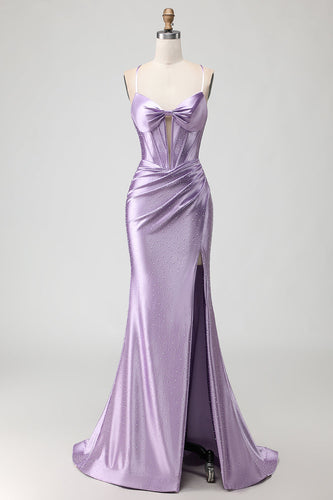 Sparkly Purple Beaded Corset Long Prom Dress with Slit