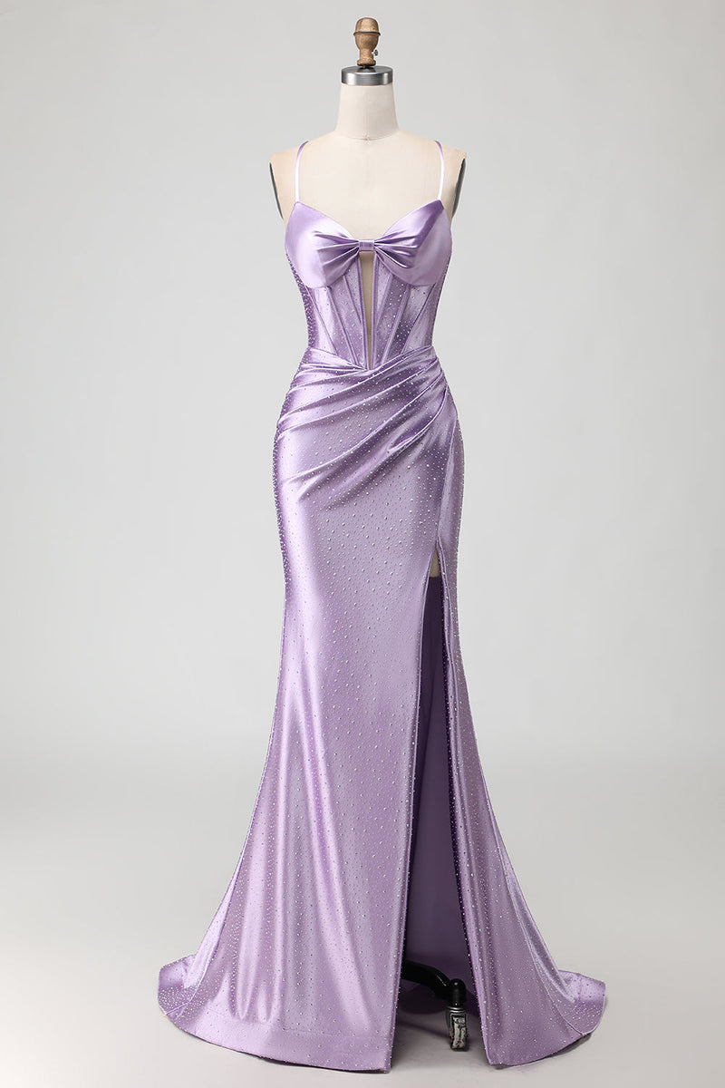 Load image into Gallery viewer, Sparkly Purple Beaded Corset Long Prom Dress with Slit