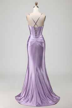 Sparkly Purple Beaded Corset Long Prom Dress with Slit