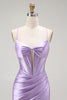 Load image into Gallery viewer, Sparkly Purple Mermaid Spaghetti Straps Long Corset Prom Dress with Slit