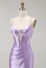 Load image into Gallery viewer, Sparkly Purple Mermaid Spaghetti Straps Long Corset Prom Dress with Slit