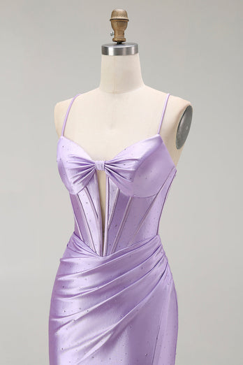 Sparkly Purple Mermaid Spaghetti Straps Long Corset Prom Dress with Slit