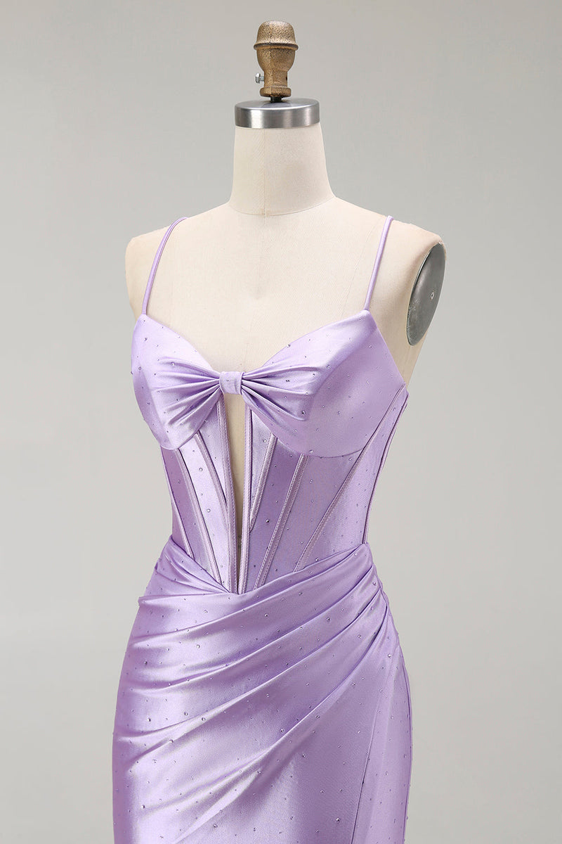 Load image into Gallery viewer, Sparkly Purple Mermaid Spaghetti Straps Long Corset Prom Dress with Slit