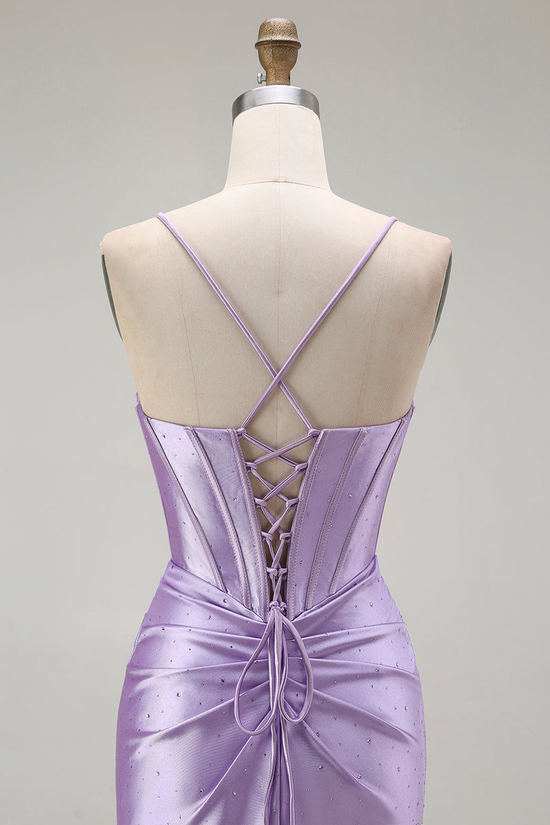 Load image into Gallery viewer, Sparkly Purple Mermaid Spaghetti Straps Long Corset Prom Dress with Slit