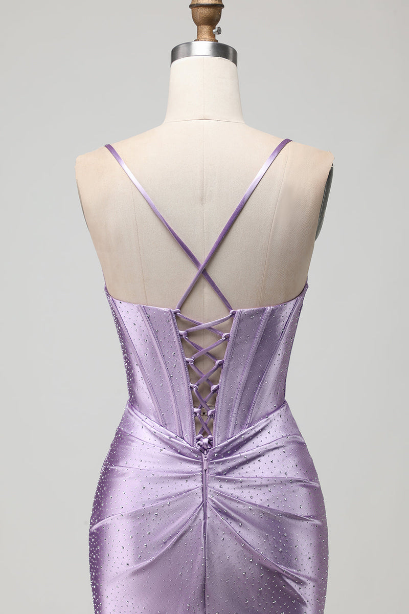 Load image into Gallery viewer, Sparkly Purple Beaded Corset Long Prom Dress with Slit
