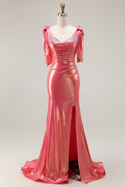 Sparkly Coral Metallic Mermaid Beaded Long Prom Dress with Slit