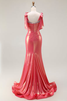 Sparkly Coral Metallic Mermaid Beaded Long Prom Dress with Slit