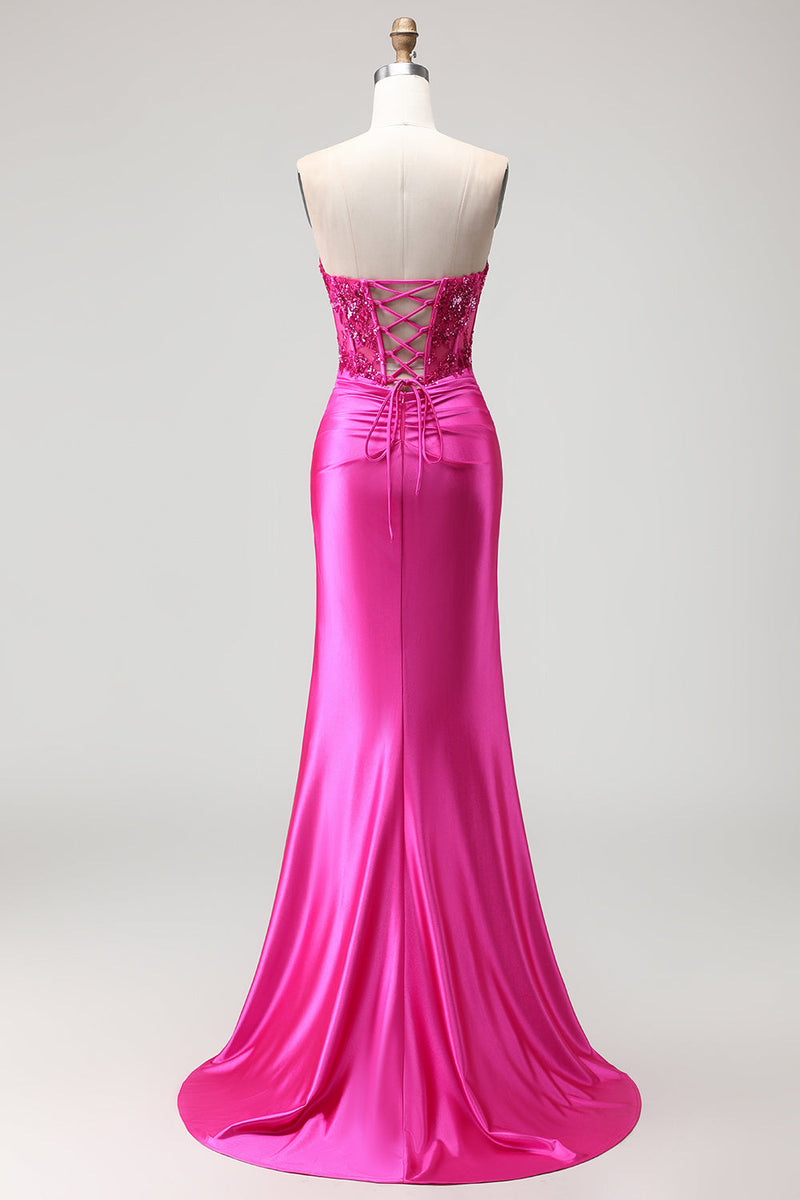Load image into Gallery viewer, Sparkly Fuchsia Mermaid Corset Long Prom Dress with Sequins