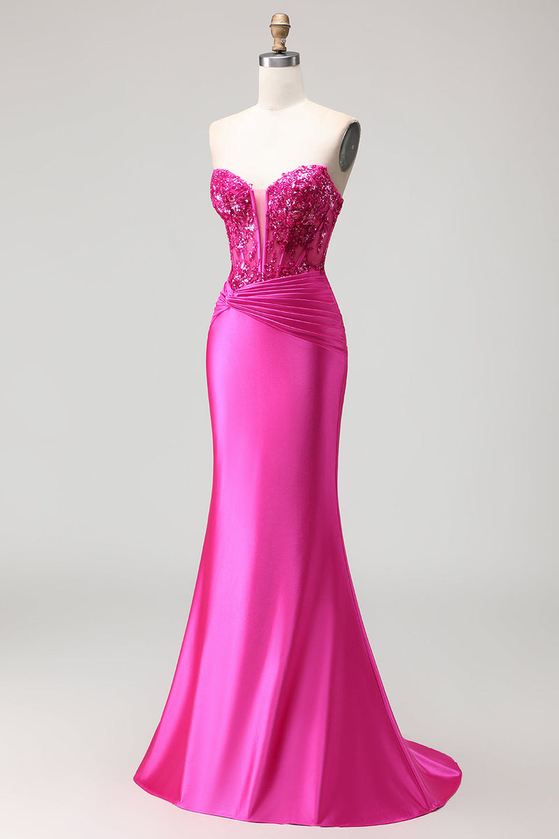 Load image into Gallery viewer, Sparkly Fuchsia Mermaid Corset Long Prom Dress with Sequins