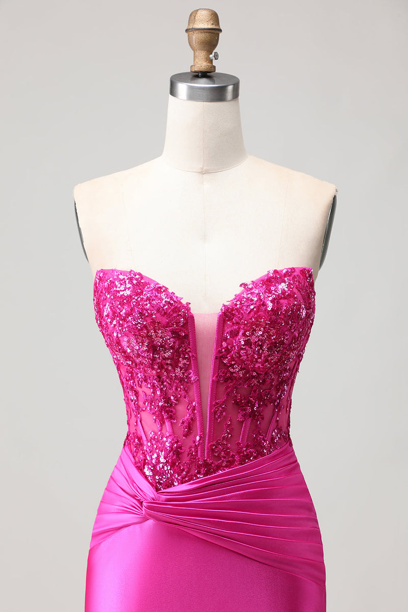Load image into Gallery viewer, Sparkly Fuchsia Mermaid Corset Long Prom Dress with Sequins