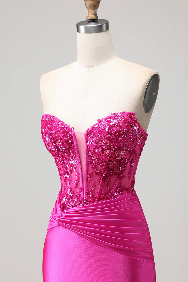 Load image into Gallery viewer, Sparkly Fuchsia Mermaid Corset Long Prom Dress with Sequins