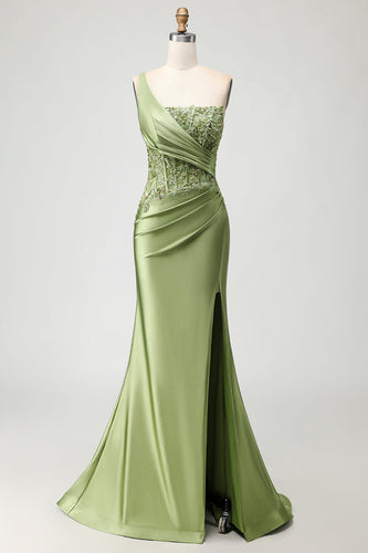 Sparkly Green Mermaid Corset Long Prom Dress with Slit