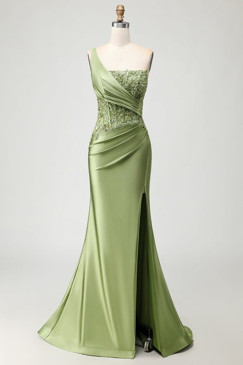Load image into Gallery viewer, Sparkly Green Mermaid Corset Long Prom Dress with Slit