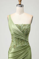 Load image into Gallery viewer, Sparkly Green Mermaid Corset Long Prom Dress with Slit
