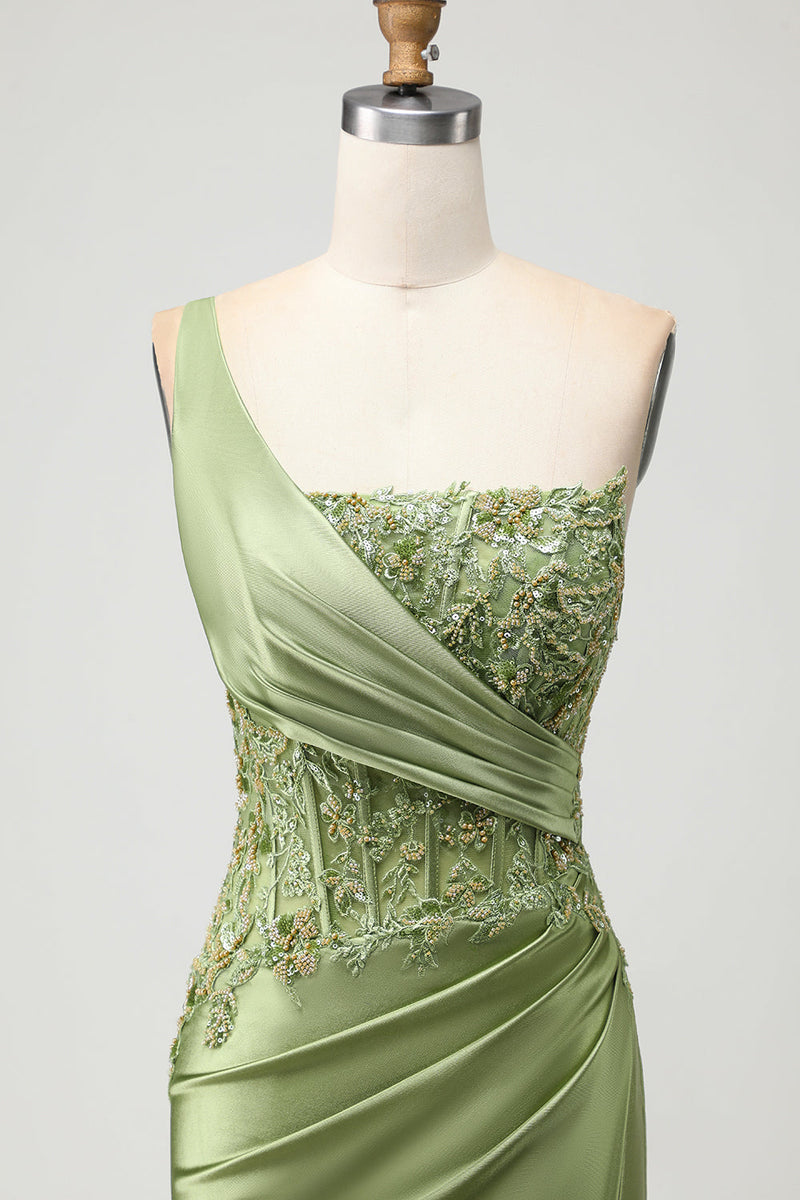 Load image into Gallery viewer, Sparkly Green Mermaid Corset Long Prom Dress with Slit