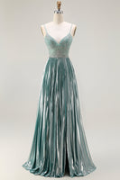 Load image into Gallery viewer, Sparkly Grey Green Corset A Line Metallic Long Prom Dress with Slit