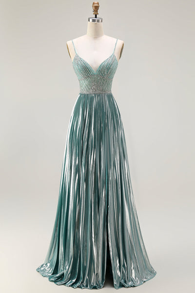 Sparkly Grey Green Corset A Line Metallic Long Prom Dress with Slit