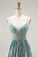 Load image into Gallery viewer, Sparkly Grey Green Corset A Line Metallic Long Prom Dress with Slit