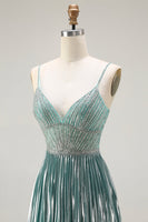 Load image into Gallery viewer, Sparkly Grey Green Corset A Line Metallic Long Prom Dress with Slit